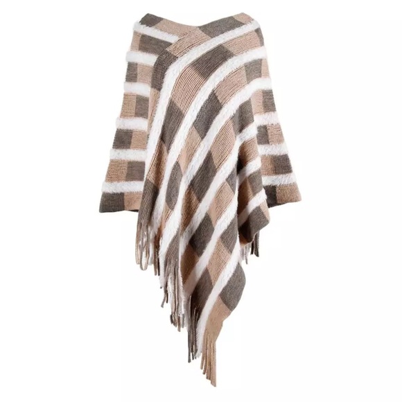 Balayage Beige Knit Patchwork Cashmere Shawl Cape - Picture 2 of 4